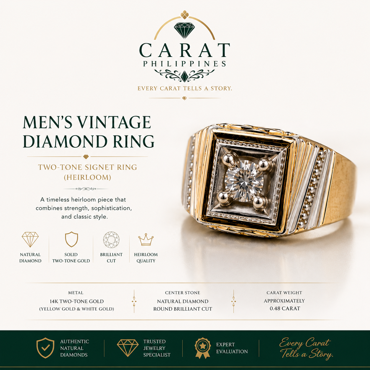 Men’s Vintage Natural Diamond Signet Ring | 14K Two-Tone Gold