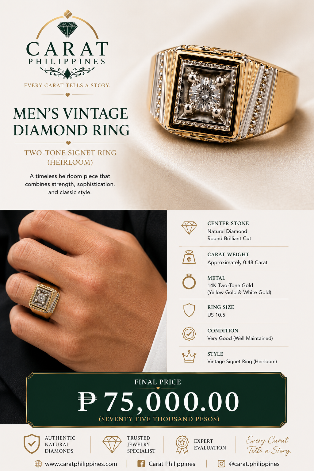 Men’s Vintage Natural Diamond Signet Ring | 14K Two-Tone Gold