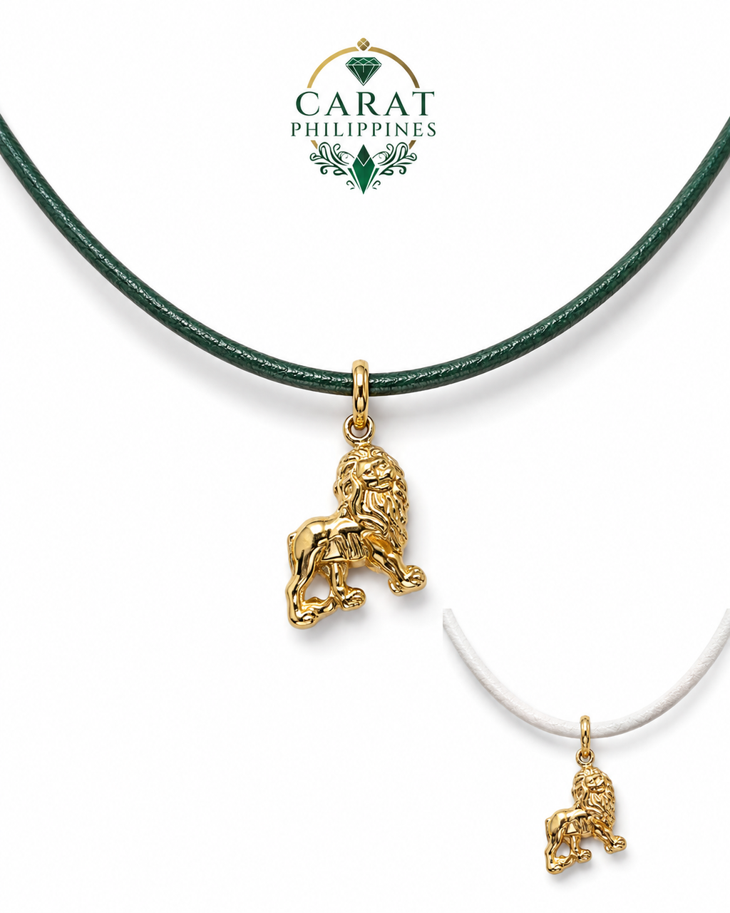 18K Gold Lion Pendant with White & Green Leather Necklace