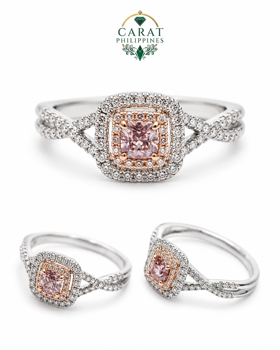 Rare 0.29ct Natural Pink Diamond Halo Ring with Twisted Pave Band in 18K White Gold