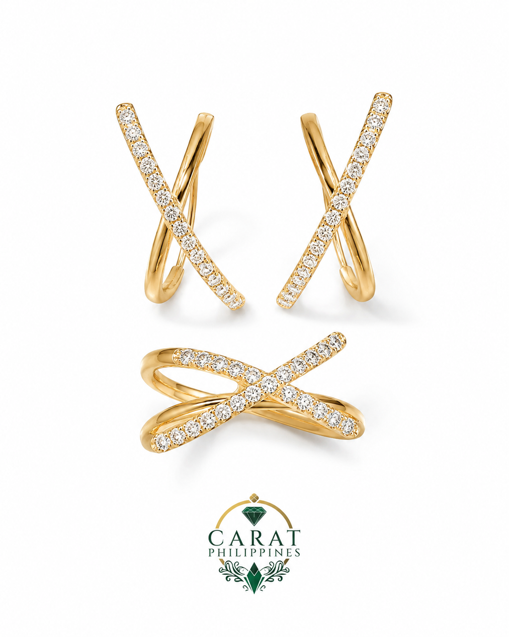 14K Yellow Gold Criss-Cross Diamond Earring & Ring Set