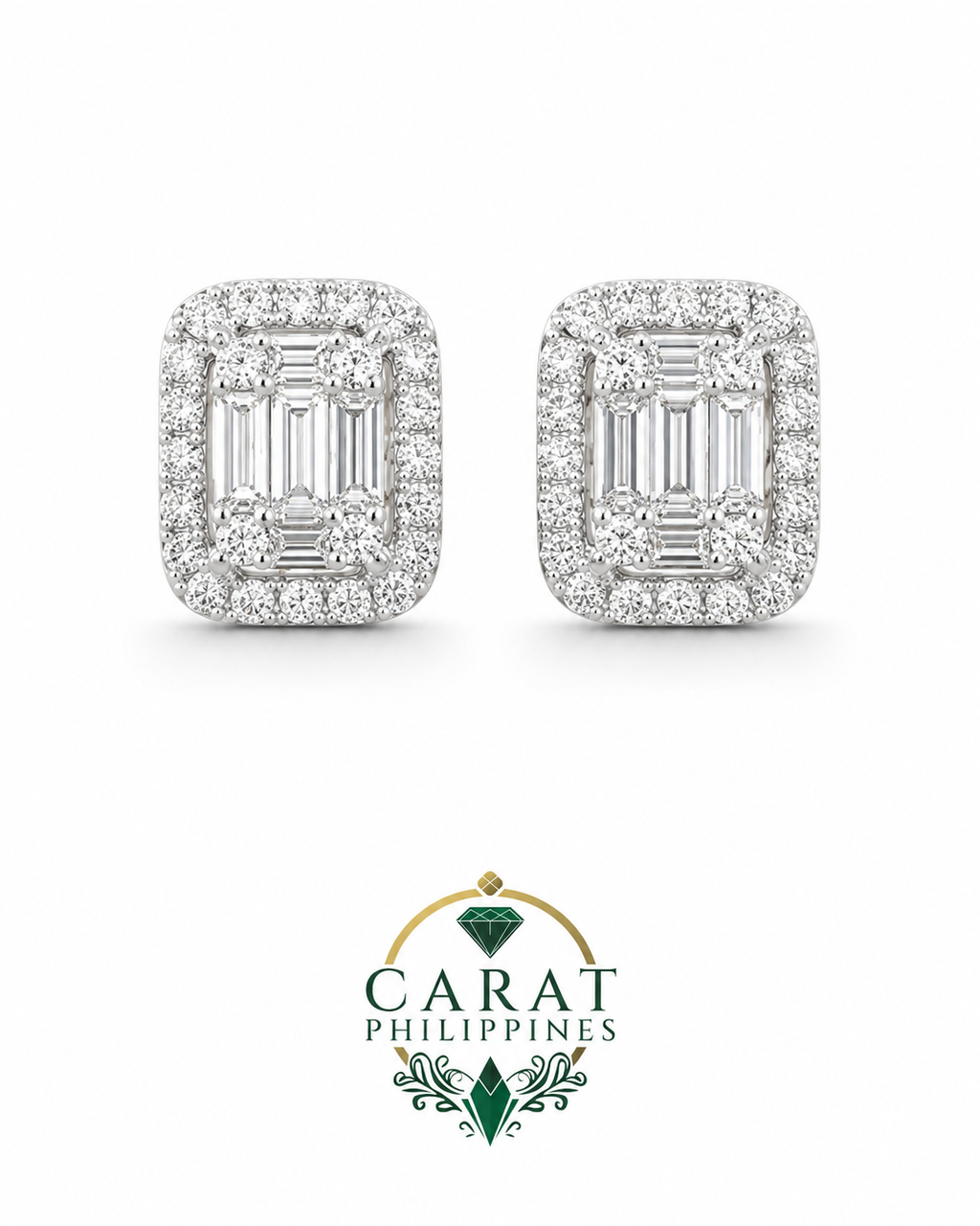 Natural Baguette Diamond Halo Earrings in 14K White Gold – 0.79 CTW Diamonds