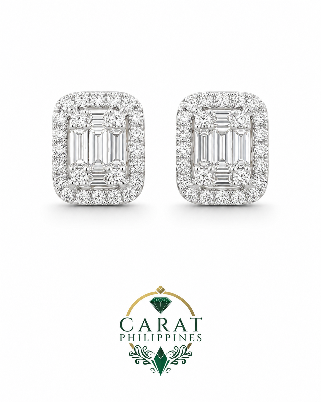 Natural Baguette Diamond Halo Earrings in 14K White Gold – 0.79 CTW Diamonds