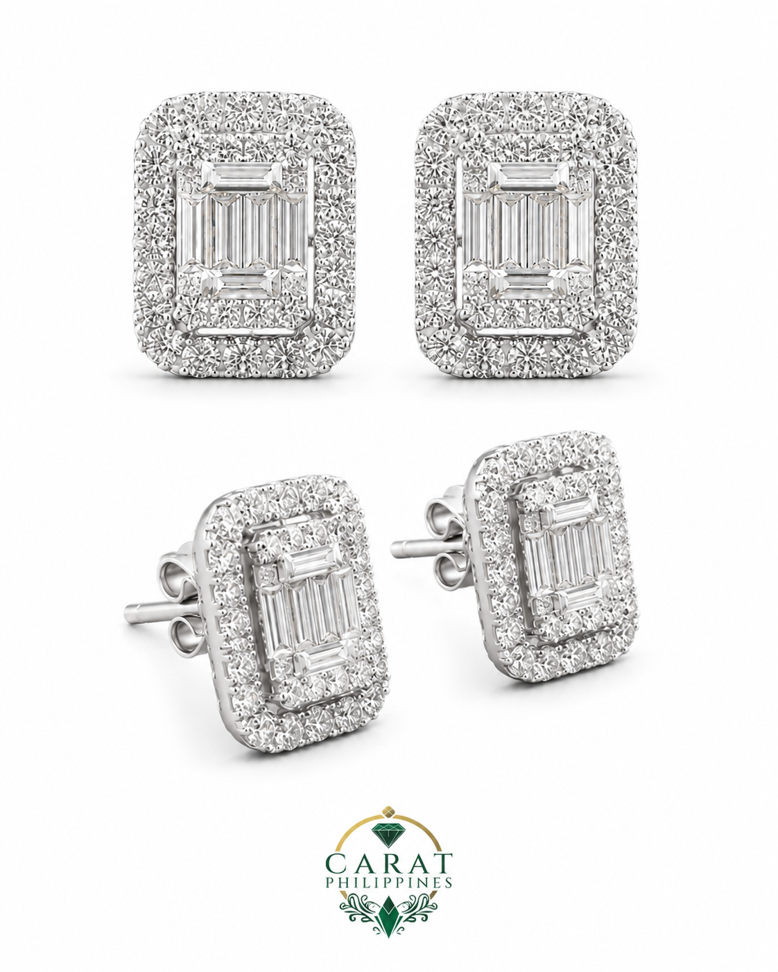 Natural Baguette Diamond Halo Earrings in 14K White Gold – 0.79 CTW Diamonds