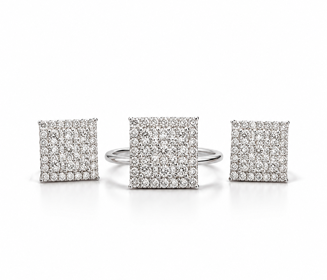 Square Illusion Diamond Jewelry Set in 14K White Gold