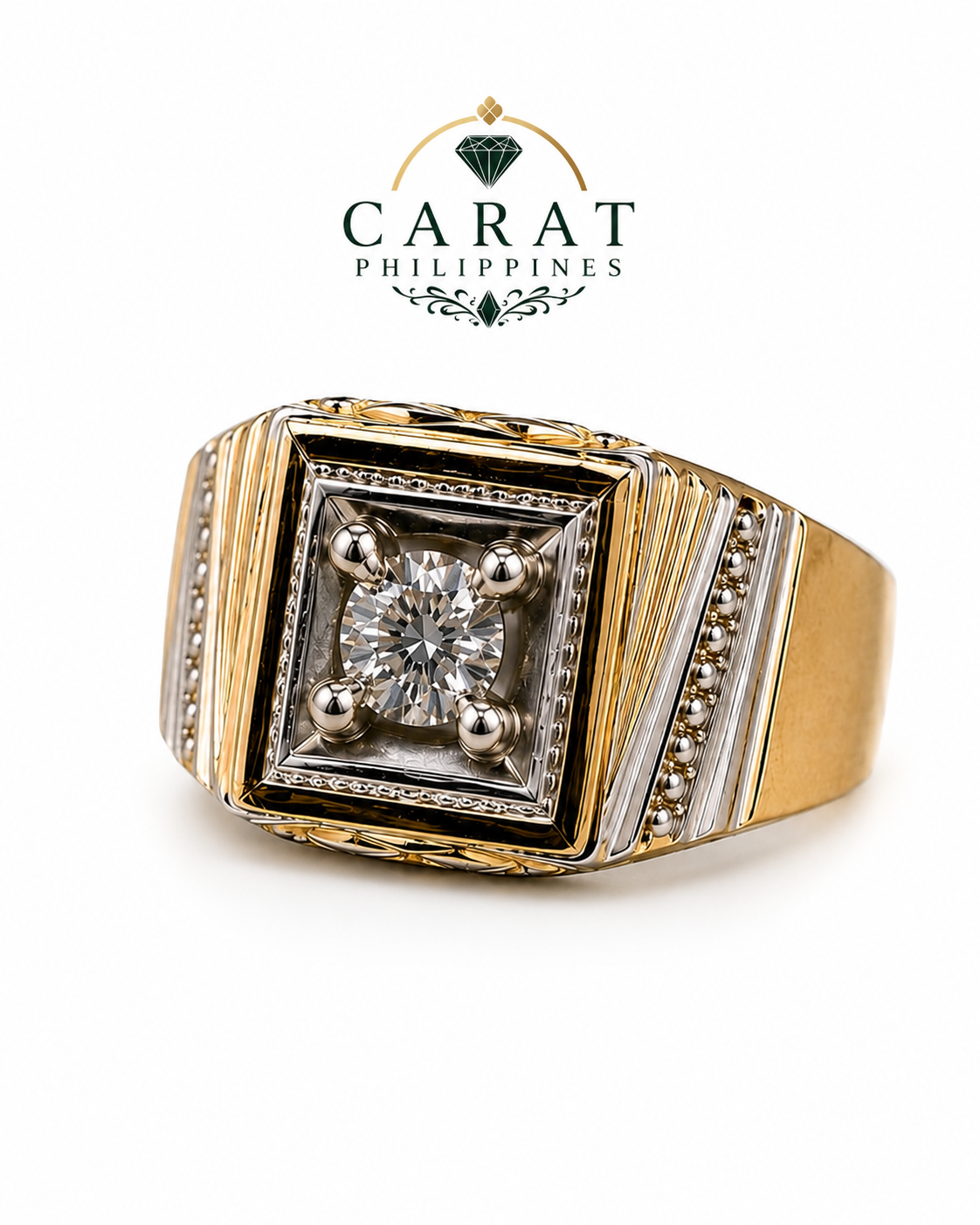 Men’s Vintage Natural Diamond Signet Ring | 14K Two-Tone Gold