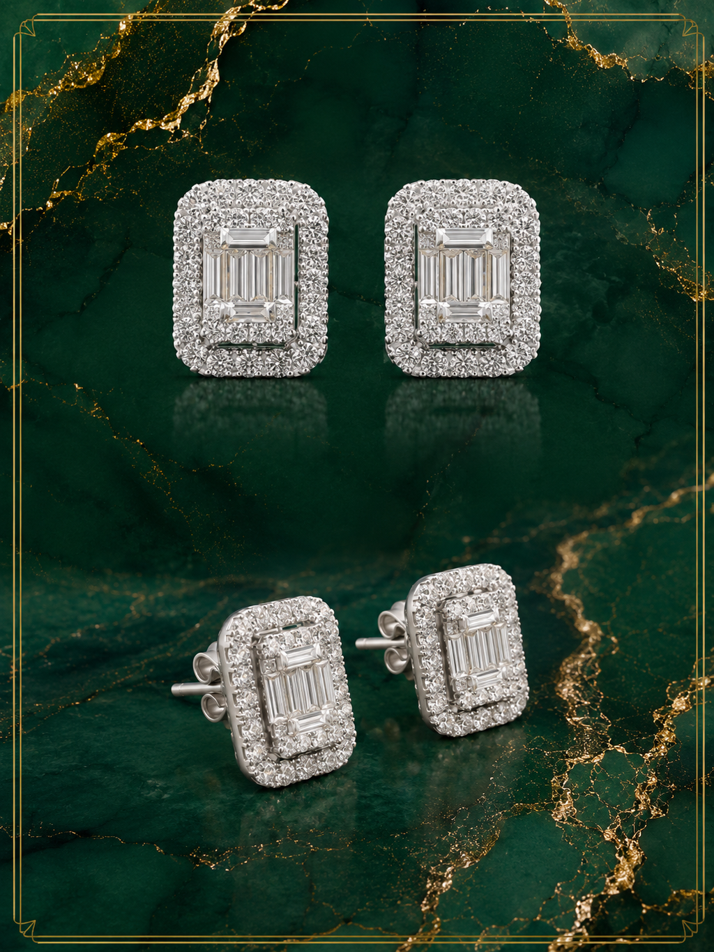 Natural Baguette Diamond Halo Earrings in 14K White Gold – 0.79 CTW Diamonds