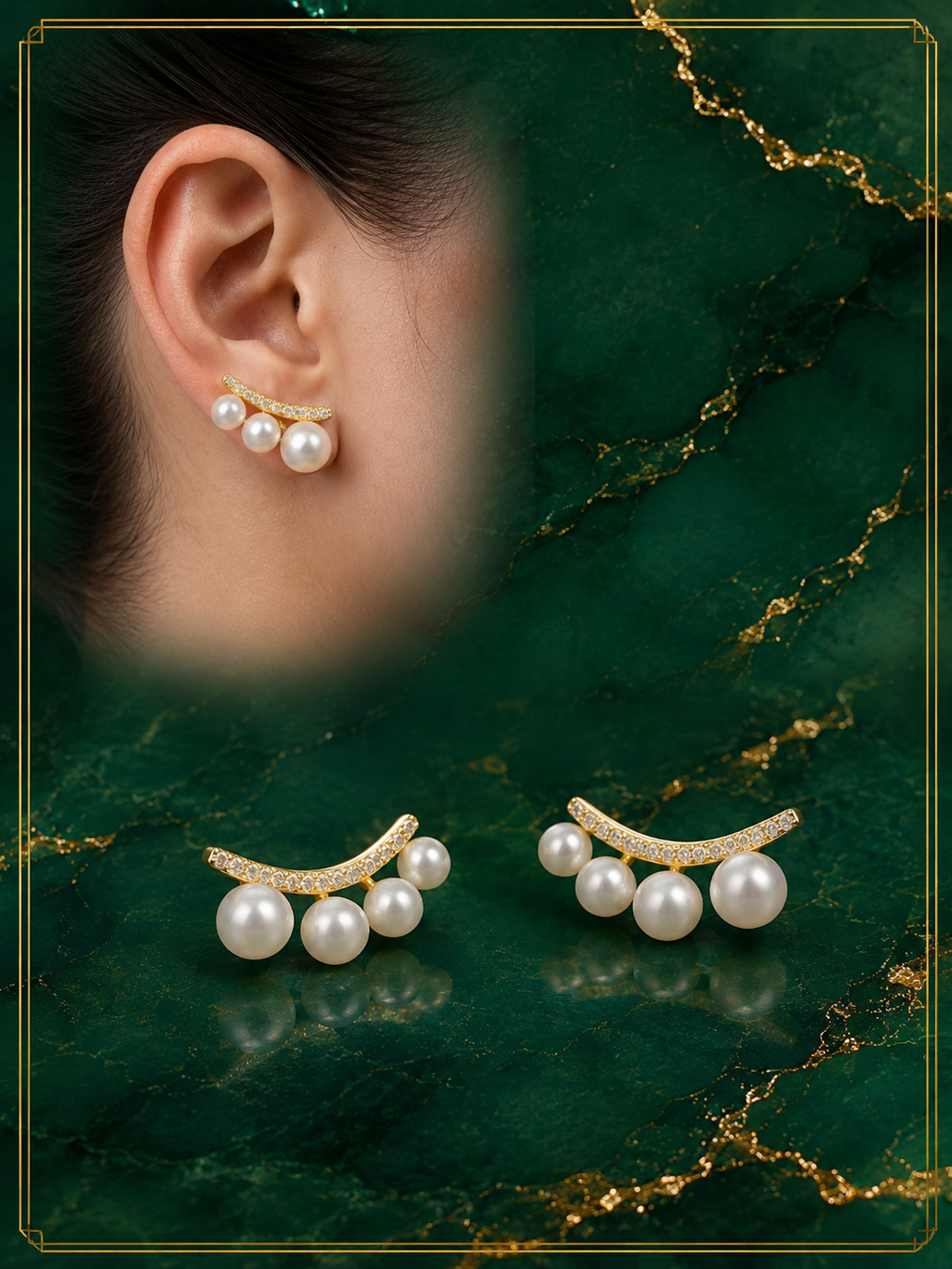 Freshwater Pearl & Diamond Ear Climber Earrings in 14K Yellow Gold