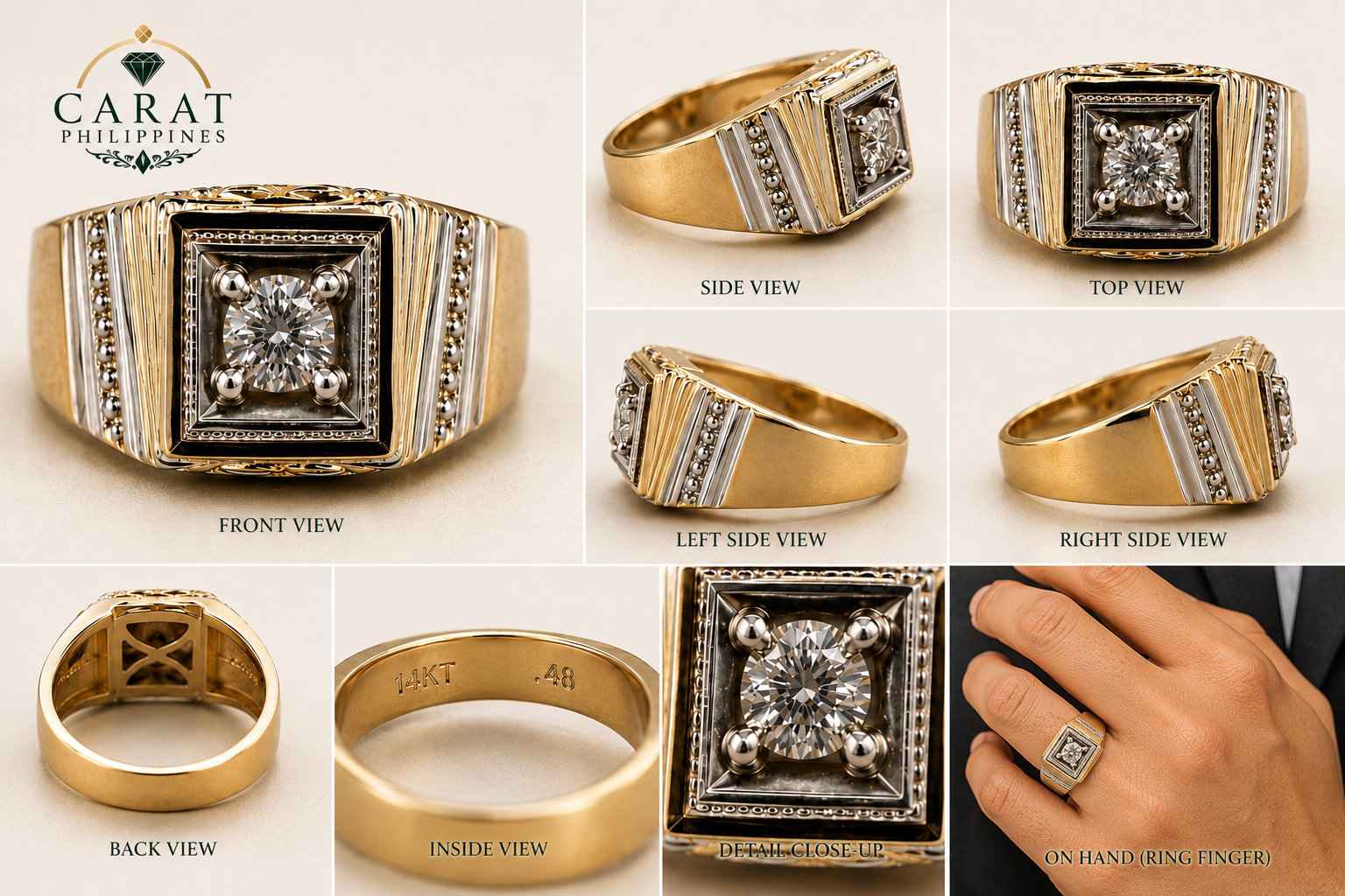 Men’s Vintage Natural Diamond Signet Ring | 14K Two-Tone Gold