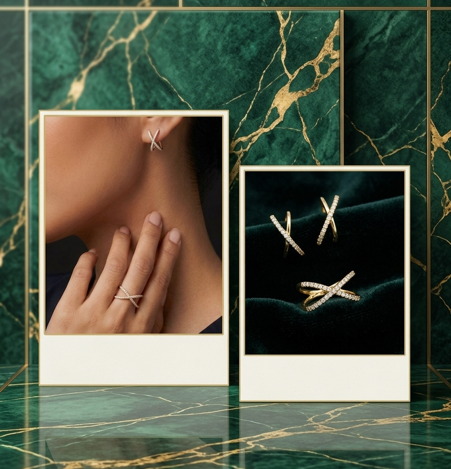 14K Yellow Gold Criss-Cross Diamond Earring & Ring Set