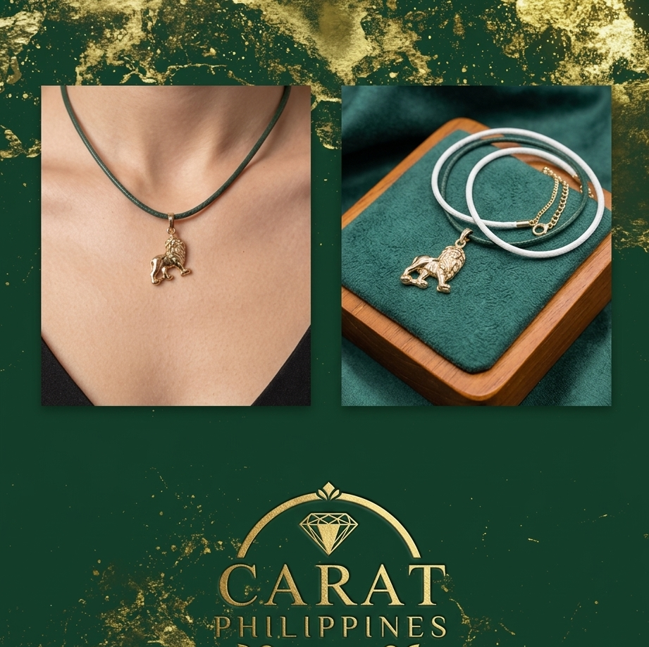 18K Gold Lion Pendant with White & Green Leather Necklace