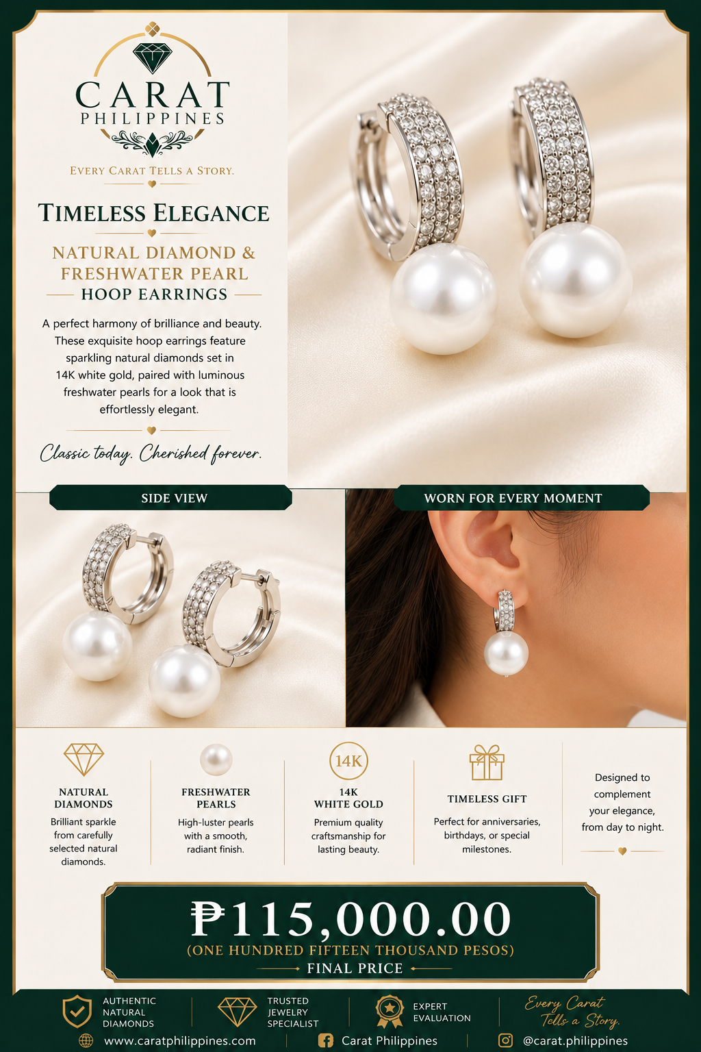 Diamond & Freshwater Pearl Hoop Earrings
