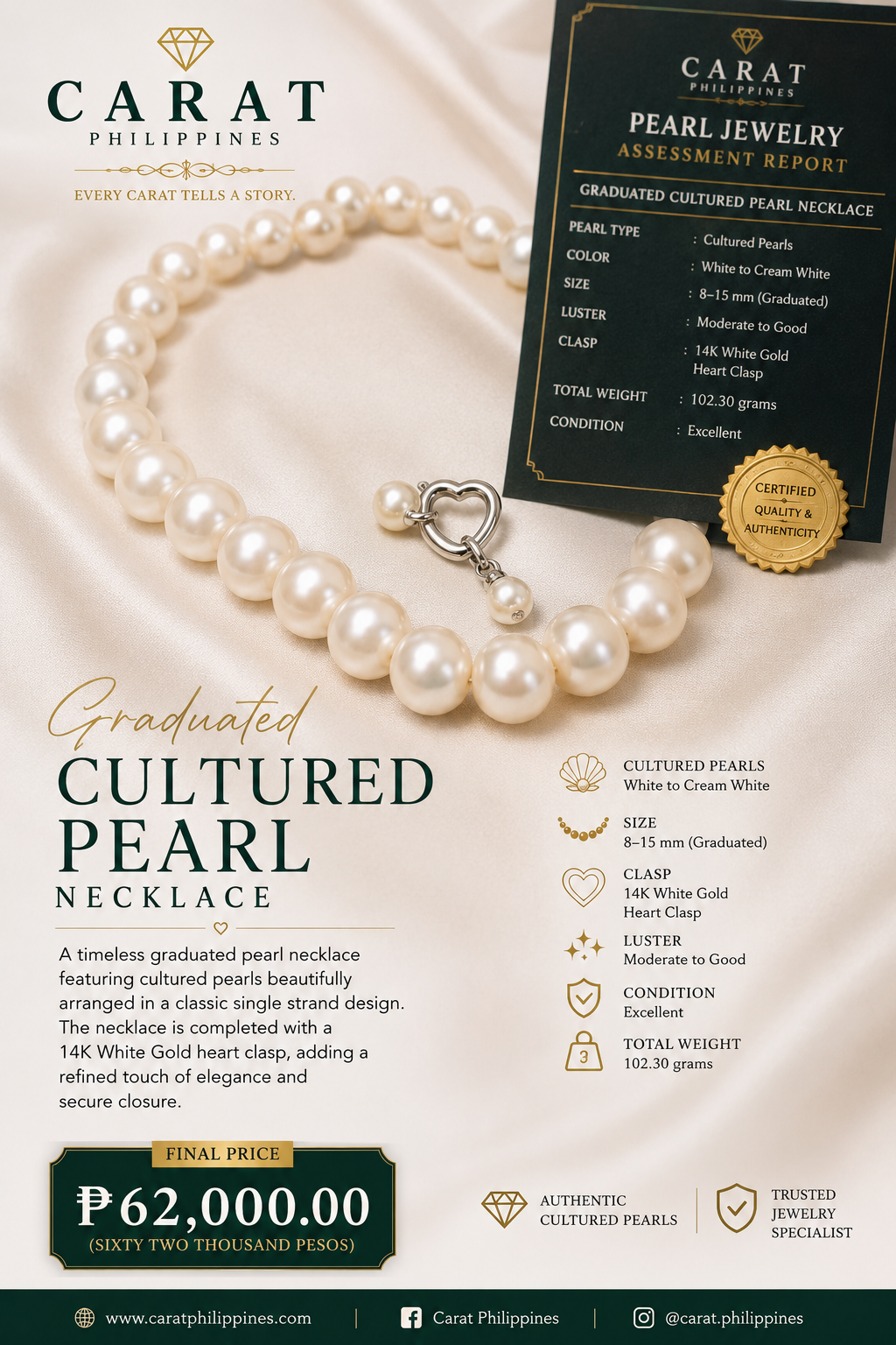 Graduated Cultured Pearl Necklace with 14K White Gold Heart Clasp