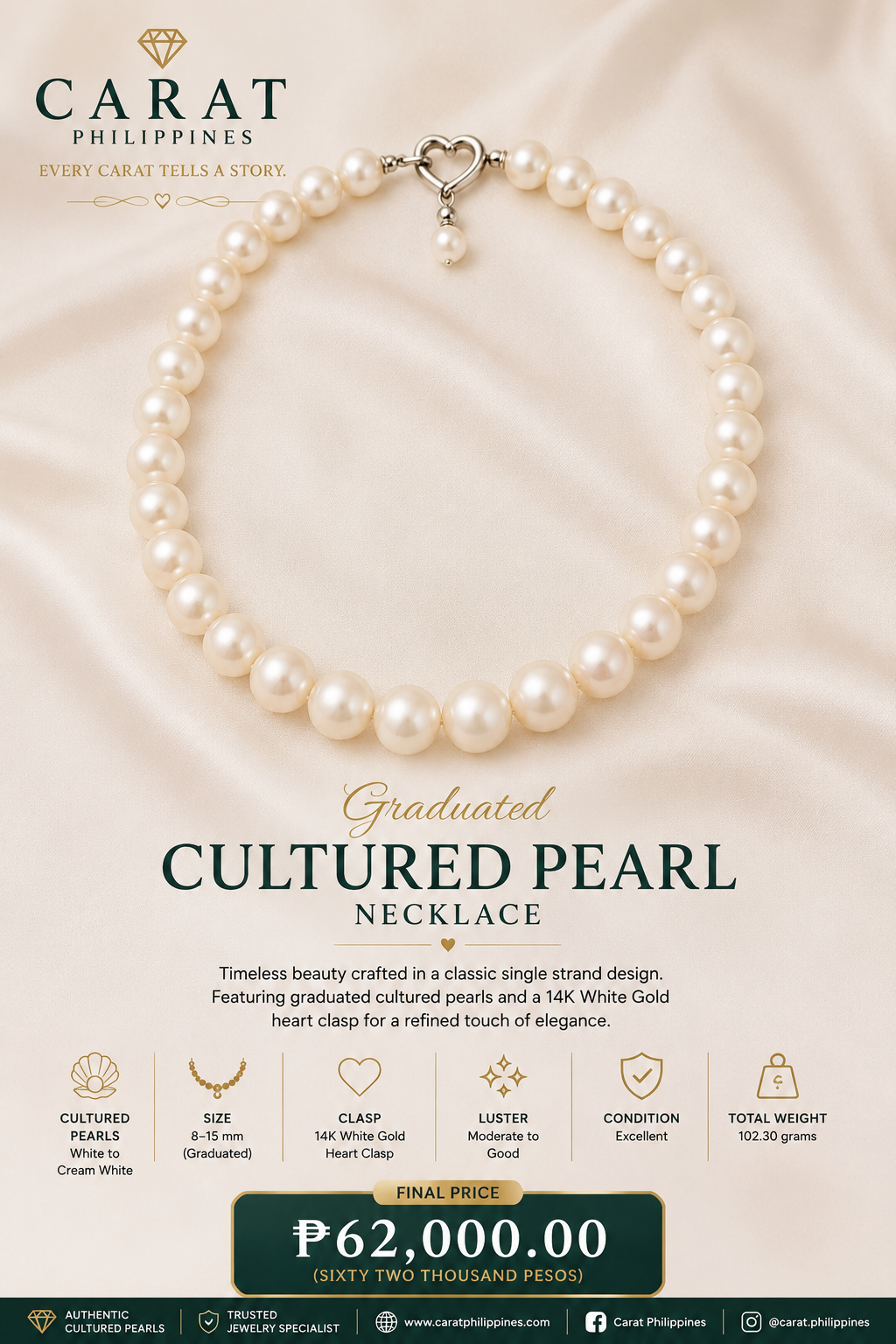 Graduated Cultured Pearl Necklace with 14K White Gold Heart Clasp