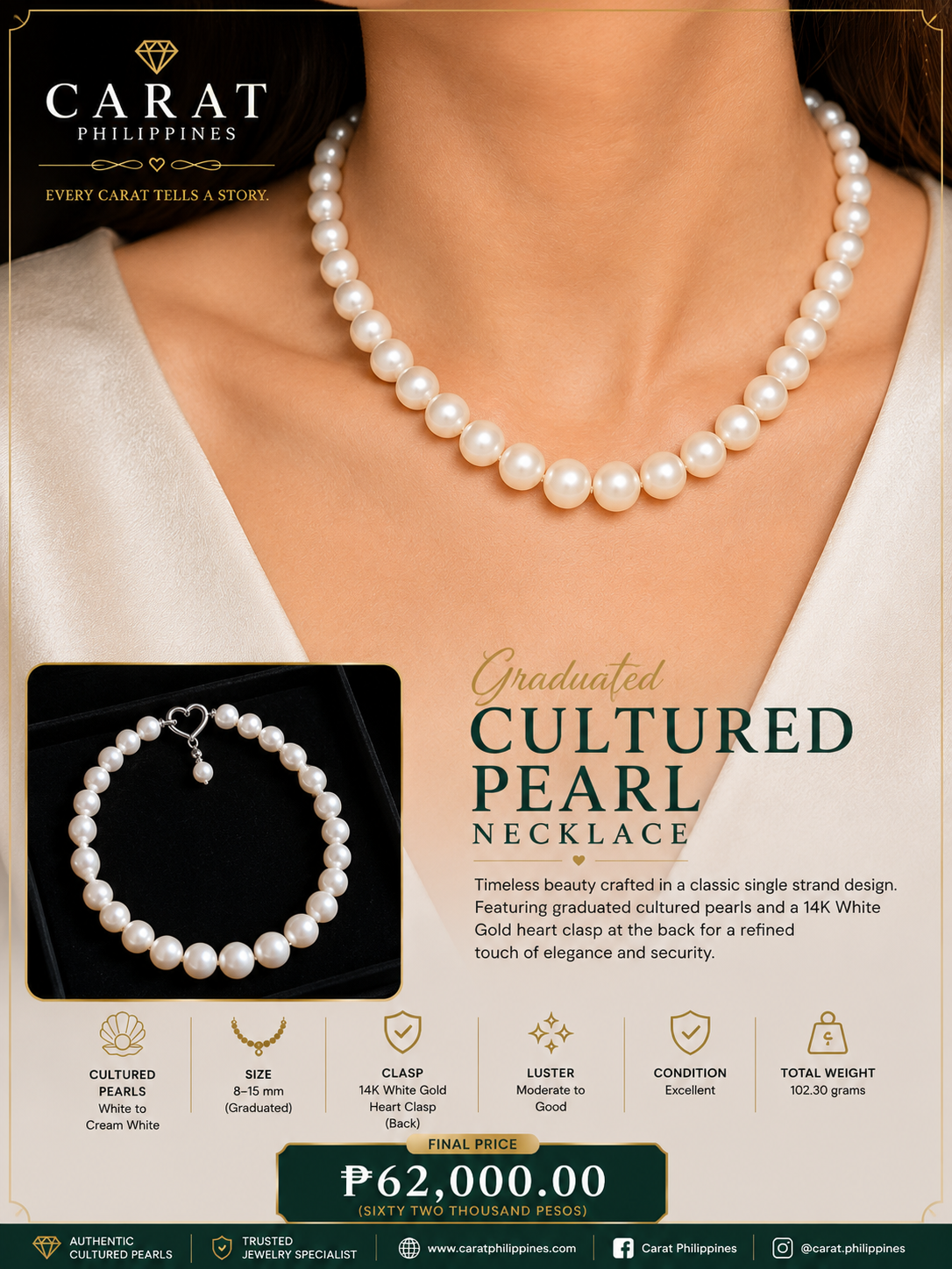 Graduated Cultured Pearl Necklace with 14K White Gold Heart Clasp