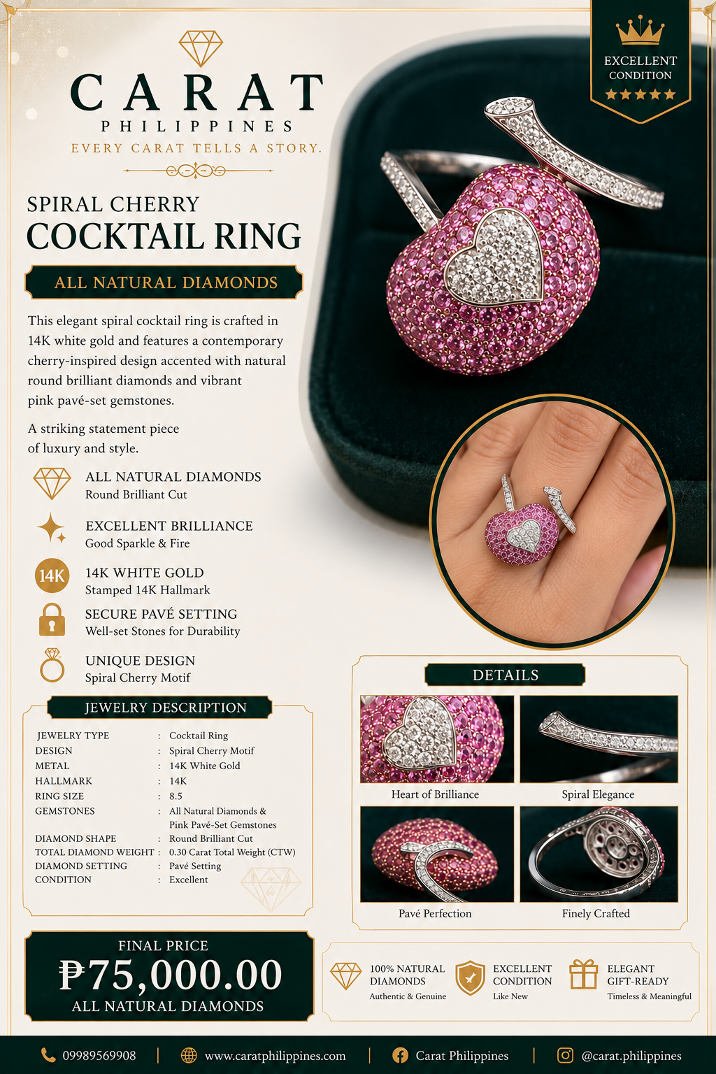 Natural Diamond Spiral Cherry Cocktail Ring in 14K White Gold