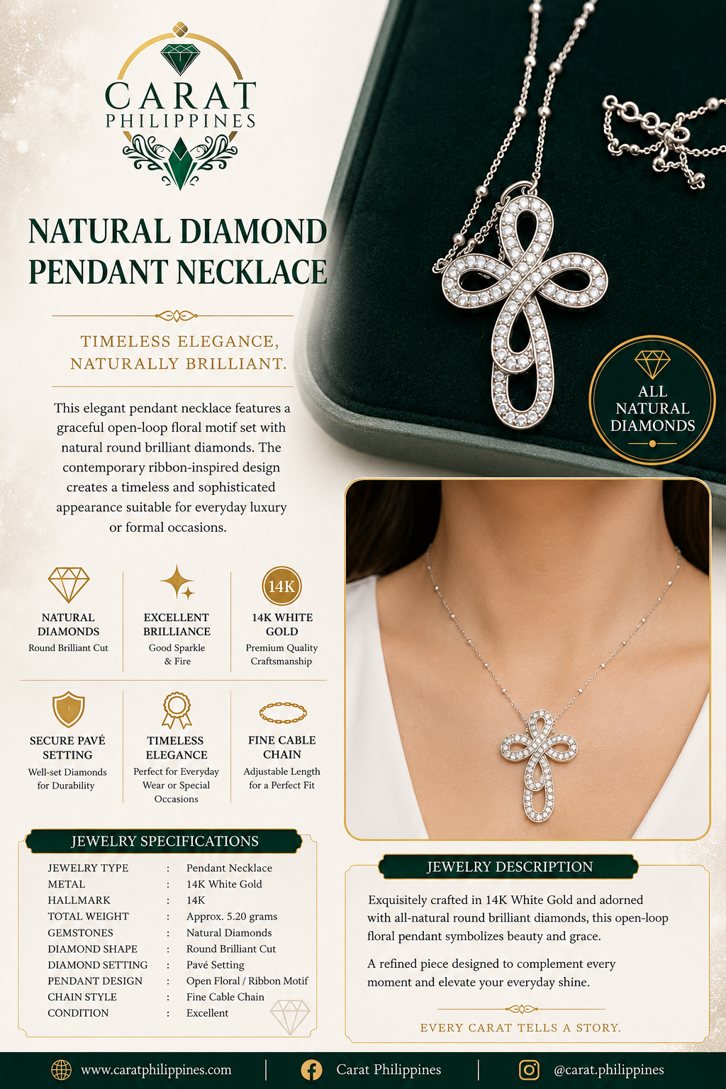 Natural Diamond Ribbon Pendant Necklace in 14K White Gold