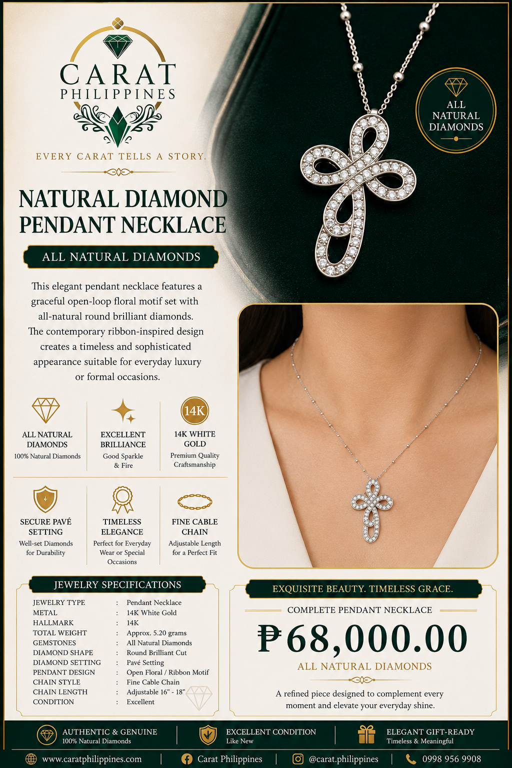 Natural Diamond Ribbon Pendant Necklace in 14K White Gold