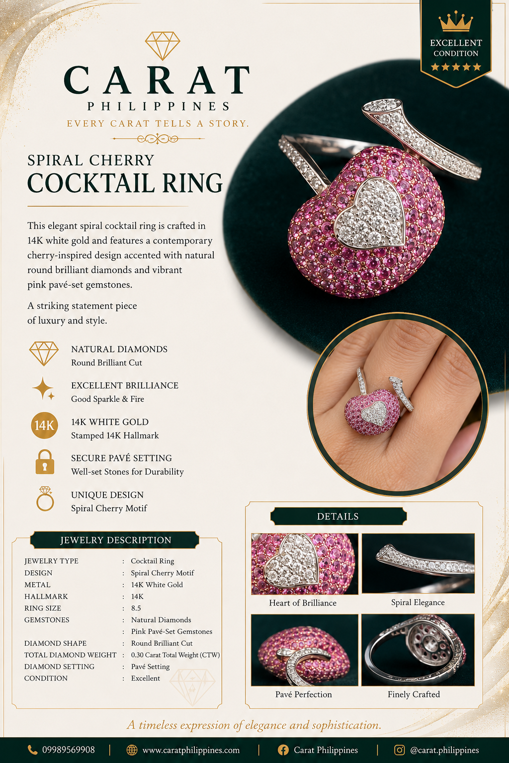 Natural Diamond Spiral Cherry Cocktail Ring in 14K White Gold