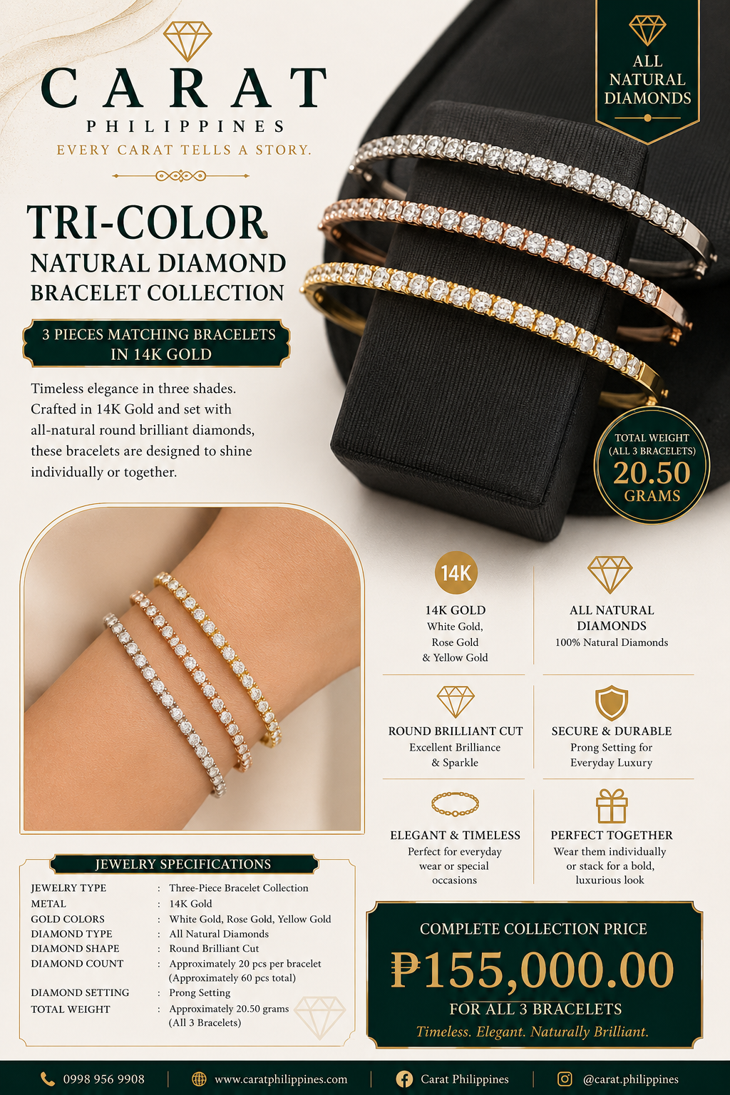 Tri-Color Natural Diamond Bracelet Collection | 14K Gold