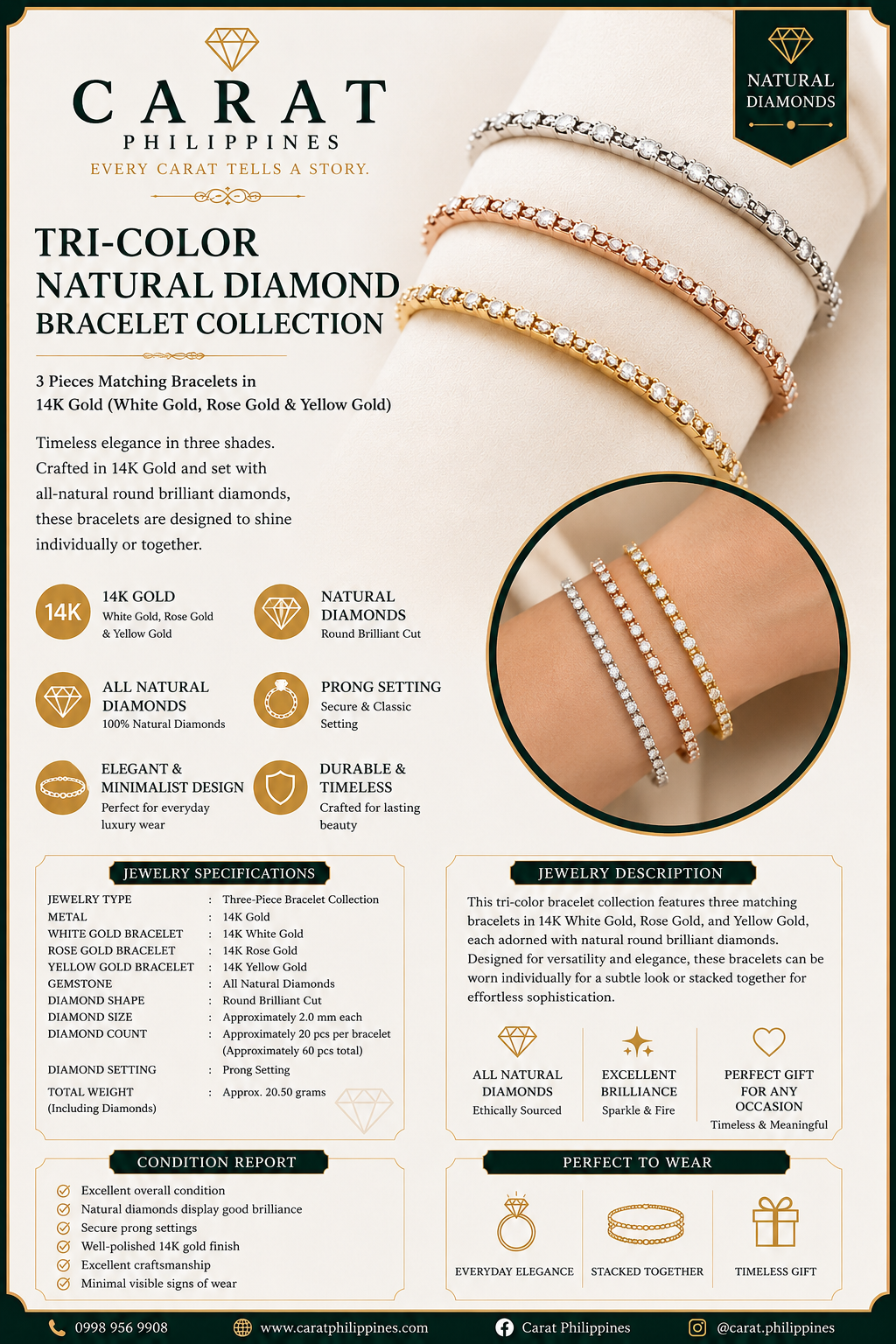 Tri-Color Natural Diamond Bracelet Collection | 14K Gold